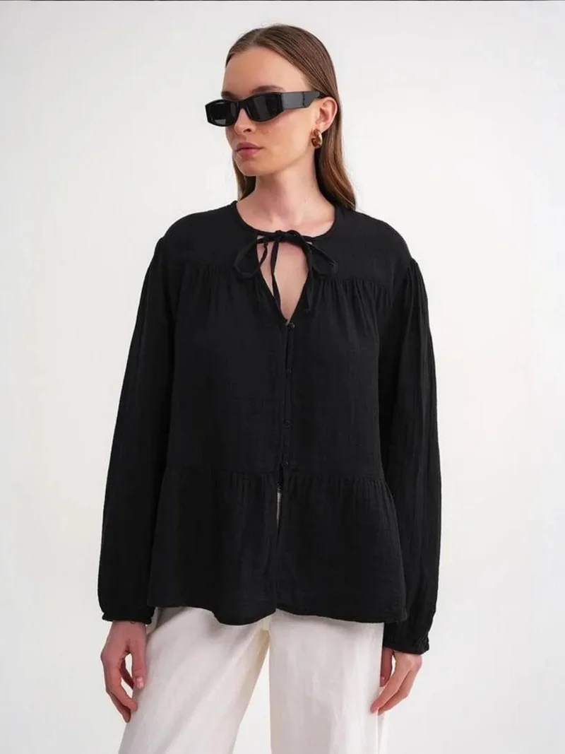 Mixray Black Mixray Long Sleeve Relaxed Fit Blouse with Tie-Neck for Women | Best Price UAE
