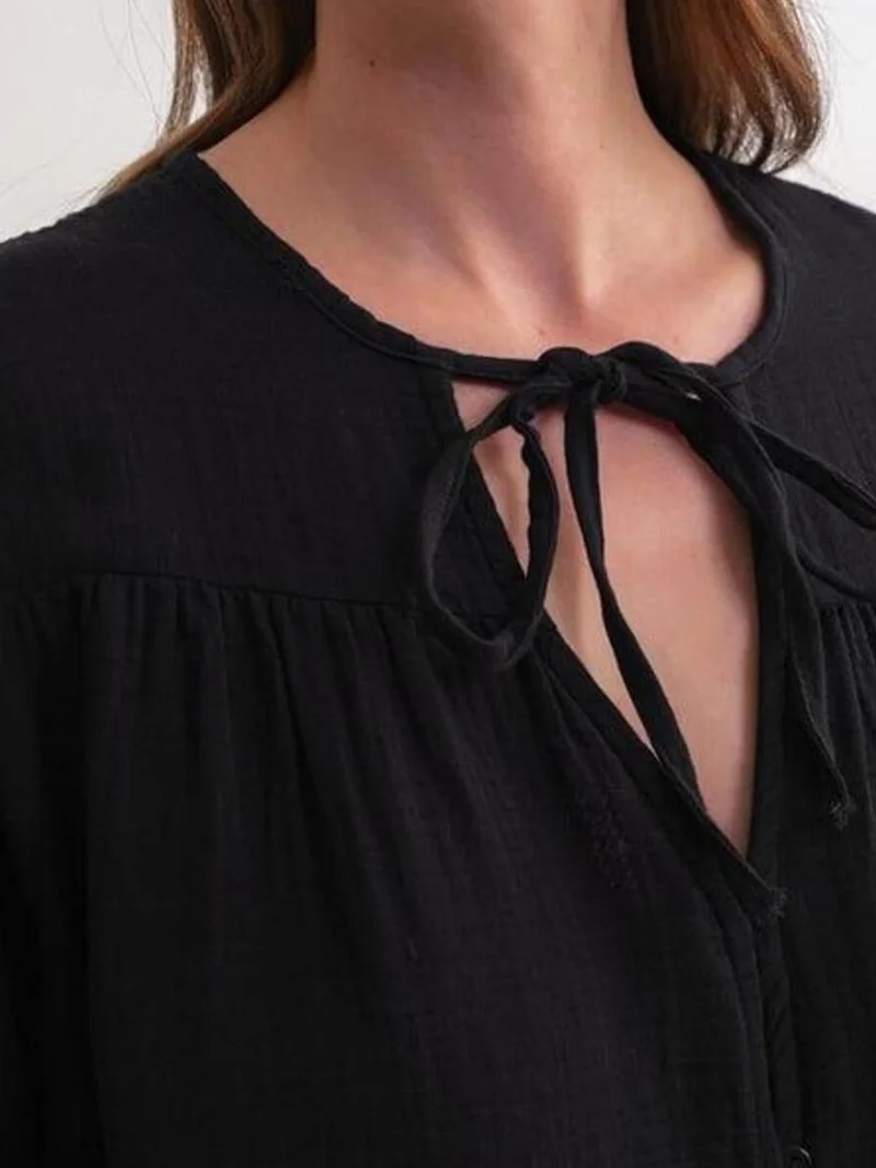 Mixray Black Mixray Long Sleeve Relaxed Fit Blouse with Tie-Neck for Women | Best Price UAE