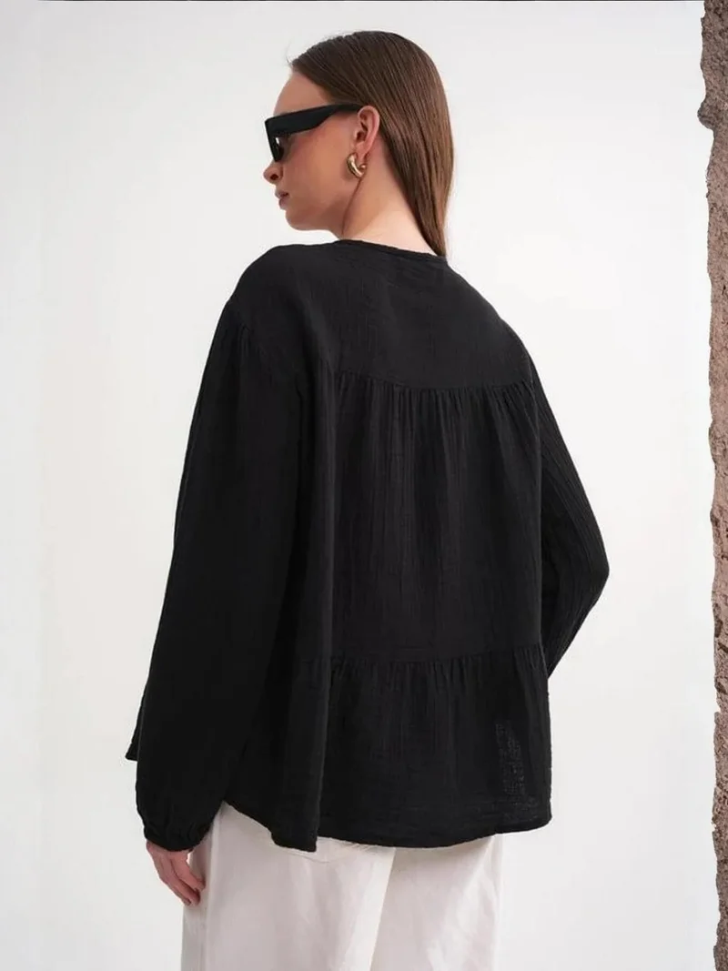 Mixray Black Mixray Long Sleeve Relaxed Fit Blouse with Tie-Neck for Women | Best Price UAE