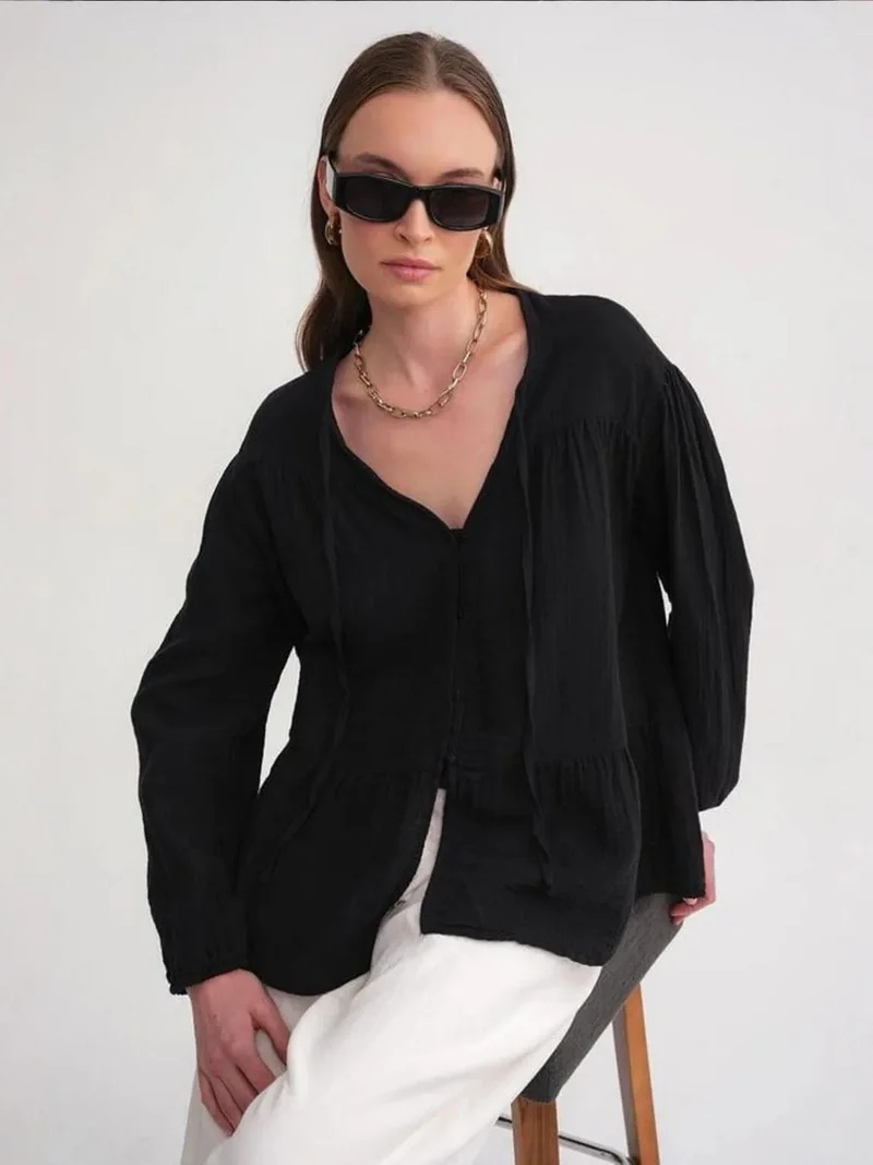 Mixray Black Mixray Long Sleeve Relaxed Fit Blouse with Tie-Neck for Women | Best Price UAE