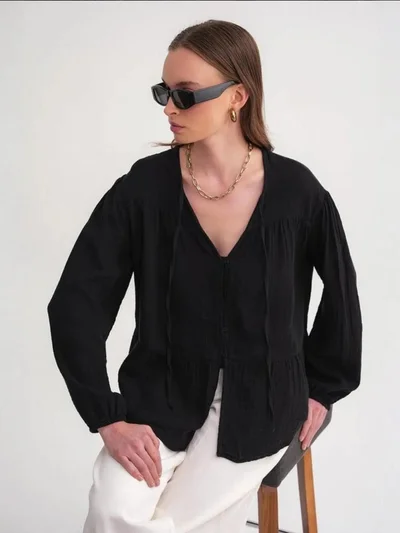 MixRay Mixray Long Sleeve Relaxed Fit Blouse with Tie-Neck