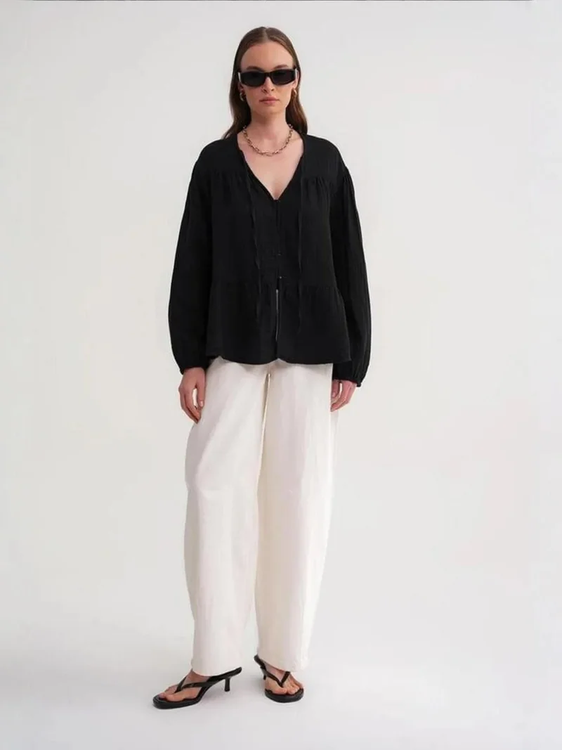 MixRay Mixray Long Sleeve Relaxed Fit Blouse with Tie-Neck