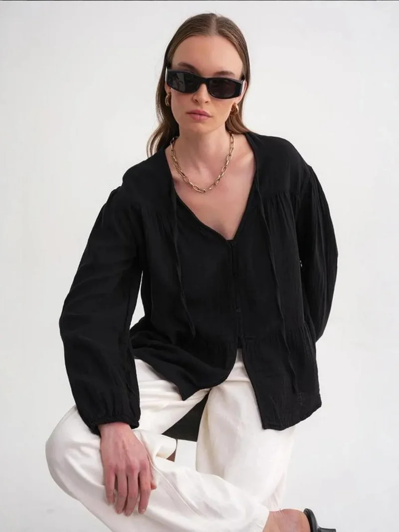 Mixray Black Mixray Long Sleeve Relaxed Fit Blouse with Tie-Neck for Women | Best Price UAE