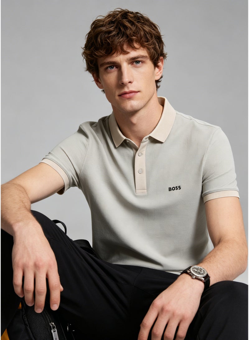 BOSS Men’s Elegant Two Tone Collar Short Sleeve Polo Shirt - Light Sage Grey Green - Image 1