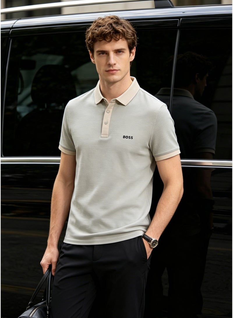BOSS Men’s Elegant Two Tone Collar Short Sleeve Polo Shirt - Light Sage Grey Green - Image 3