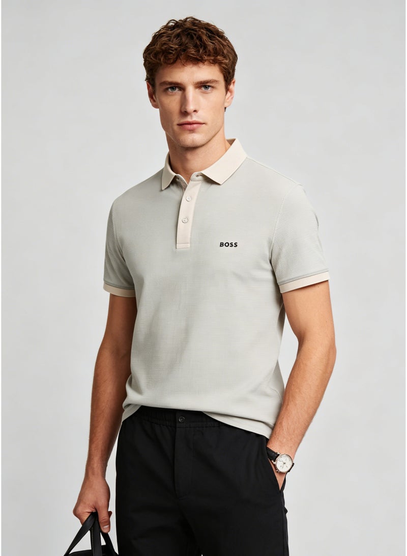 BOSS Men’s Elegant Two Tone Collar Short Sleeve Polo Shirt - Light Sage Grey Green - Image 2