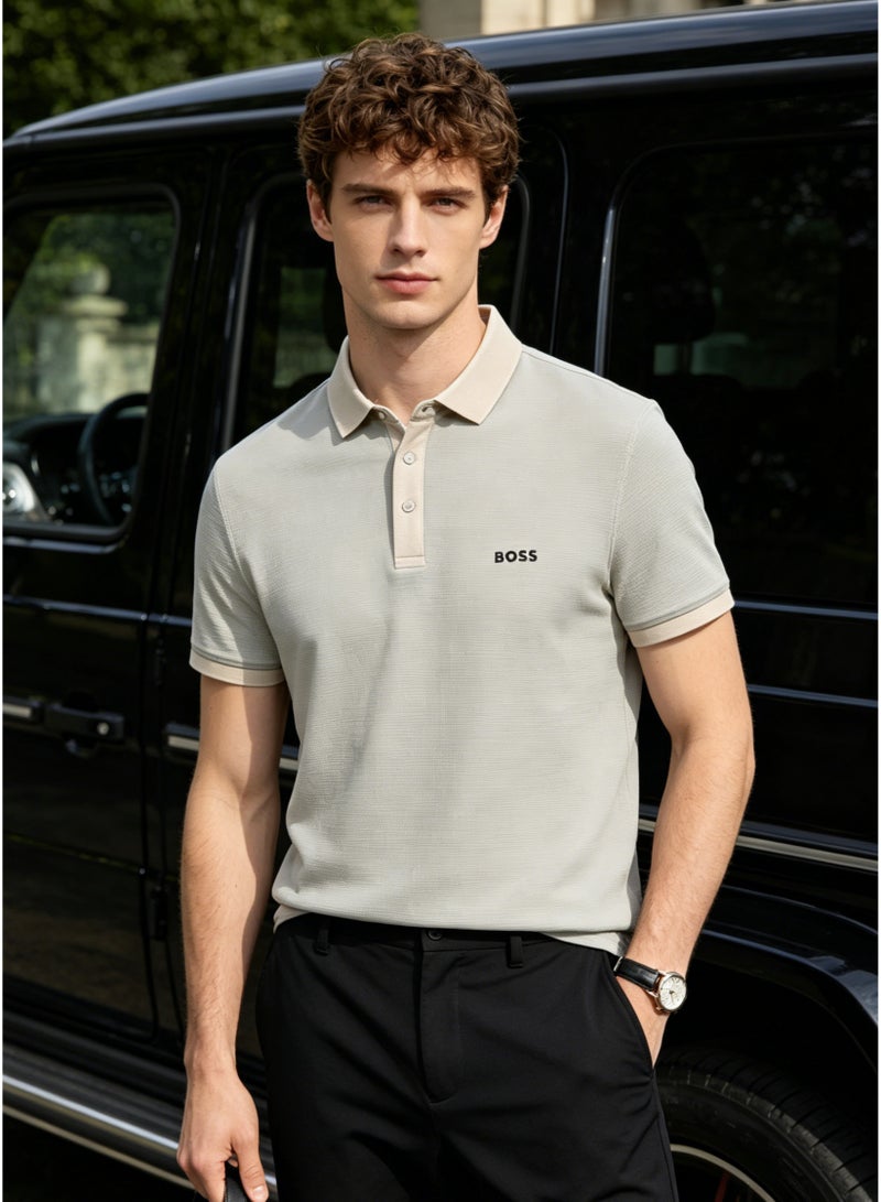 BOSS Men’s Elegant Two Tone Collar Short Sleeve Polo Shirt - Light Sage Grey Green - Image 4