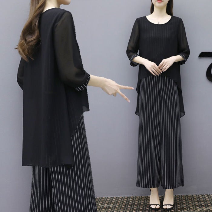 واسعة الزوجة البطن تغطية بدلة Stylisch قطعتين واسعة الساق بنطلون النساء بالإضافة إلى حجم فتاة سمينة فضفاضة رقيقة الشيفون أعلى للصيف - Image 1