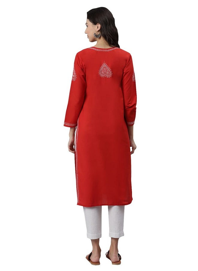 ADA - Ada Women's Hand Embroidered Lucknow Chikan Regular Wear Cotton Kurta Kurti 2XL197564_Red - Image 1