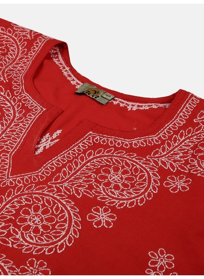 ADA - Ada Women's Hand Embroidered Lucknow Chikan Regular Wear Cotton Kurta Kurti 2XL197564_Red - Image 1