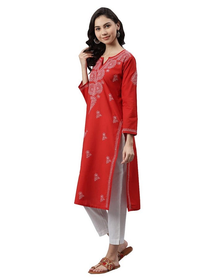 ADA - Ada Women's Hand Embroidered Lucknow Chikan Regular Wear Cotton Kurta Kurti 2XL197564_Red - Image 1
