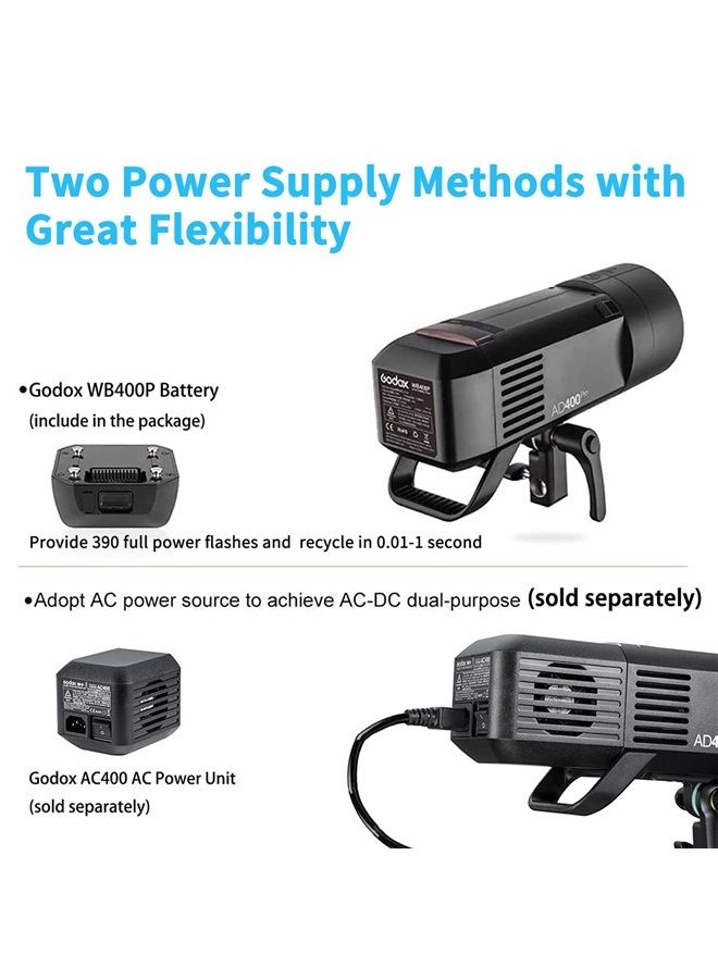 Godox Godox AD400 Pro AD400Pro Outdoor Flash Strobe, Portable 400W 2.4G TTL 1/8000 HSS Monolight, 0.01-1s Recycle, 30W LED Modeling Lamp with Rechargeable Battery and Bowens Mount