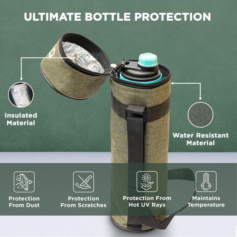 Allo Polyester Thermal Insulated Water Bottle Cover 750ml, 1L to 1.5 Litre - Waterproof Modern Carrier Bag with Adjustable Shoulder Strap & Zipper for Travel, Hiking, Office & School Kids, Green - Image 4