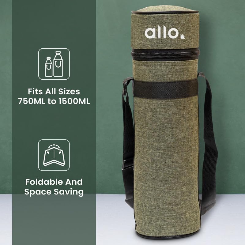 Allo Polyester Thermal Insulated Water Bottle Cover 750ml, 1L to 1.5 Litre - Waterproof Modern Carrier Bag with Adjustable Shoulder Strap & Zipper for Travel, Hiking, Office & School Kids, Green - Image 2