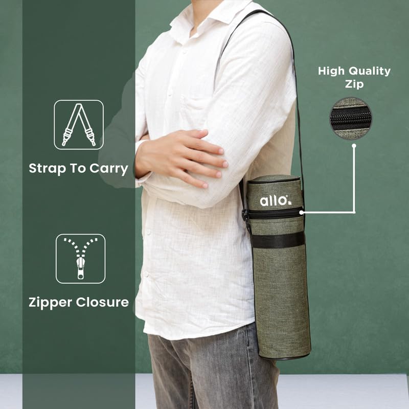 Allo Polyester Thermal Insulated Water Bottle Cover 750ml, 1L to 1.5 Litre - Waterproof Modern Carrier Bag with Adjustable Shoulder Strap & Zipper for Travel, Hiking, Office & School Kids, Green - Image 5