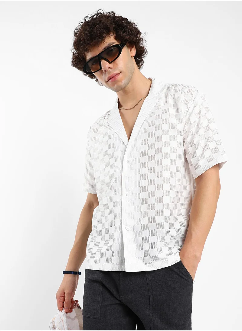 Campus Sutra Men's Saltbox Beige Cubic-Ripple Shirt