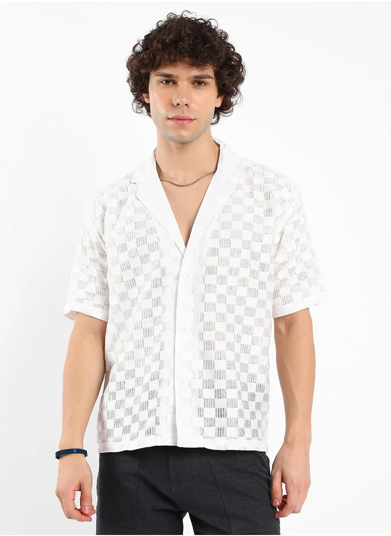 Campus Sutra Men's Saltbox Beige Cubic-Ripple Shirt