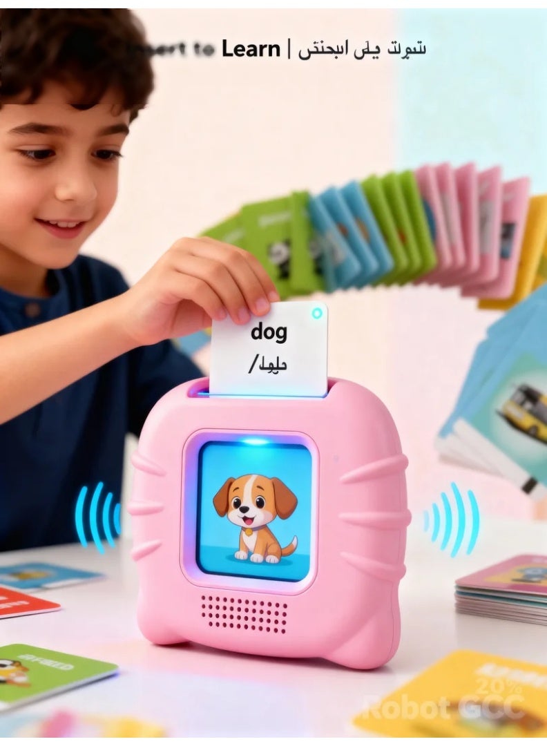 robotgcc Kids Bilingual Flash Card Machine – Pink Educational Toy | Arabic & English Talking Learning Cards - Image 1