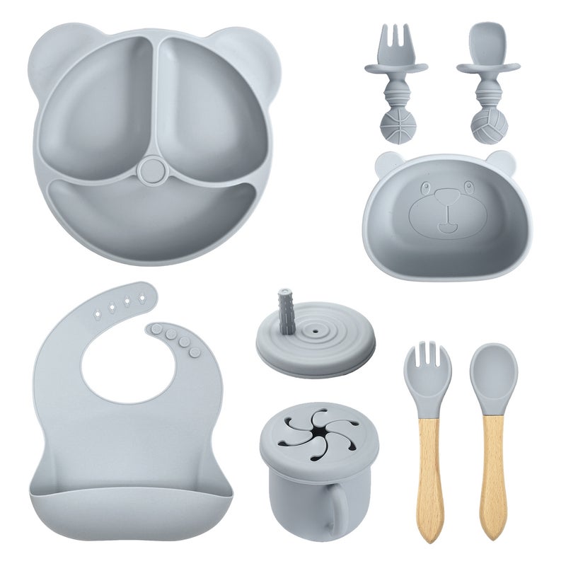 Silicone Baby Dining Set Soft Bib Bowl Spoon Gray 10 pieces-bear plate bear head bowl 2 in 1 cup bib wooden fork spoon short fork spoon
