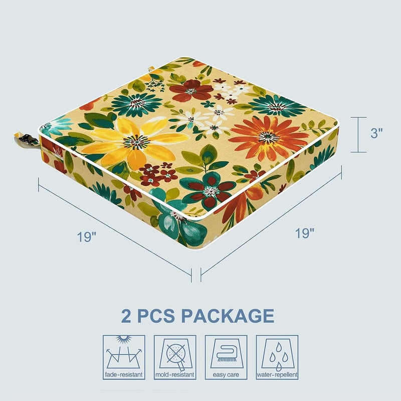 LVTXIII Patio Chair Cushions 19"x19"x3", Water-Repellent Outdoor Seat Cushions for Patio Furniture, Square Chair Pads with Ties for Home Garden Decoration, Set of 2, Floral Multi - Image 3