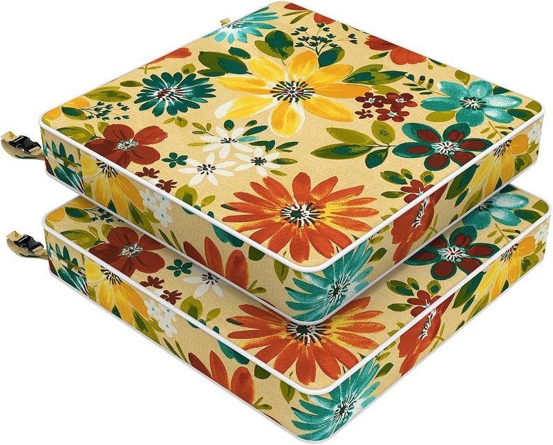 LVTXIII Patio Chair Cushions 19"x19"x3", Water-Repellent Outdoor Seat Cushions for Patio Furniture, Square Chair Pads with Ties for Home Garden Decoration, Set of 2, Floral Multi - Image 1
