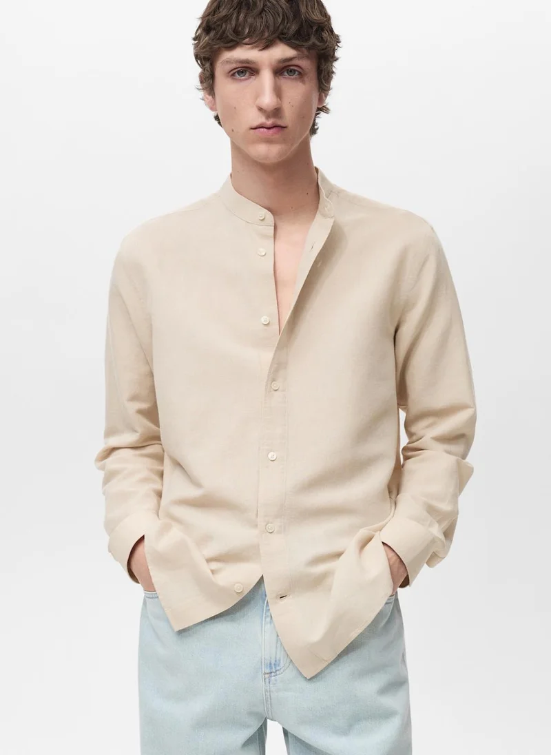 مانجو مان Casual Mao Collar Linen Shirt