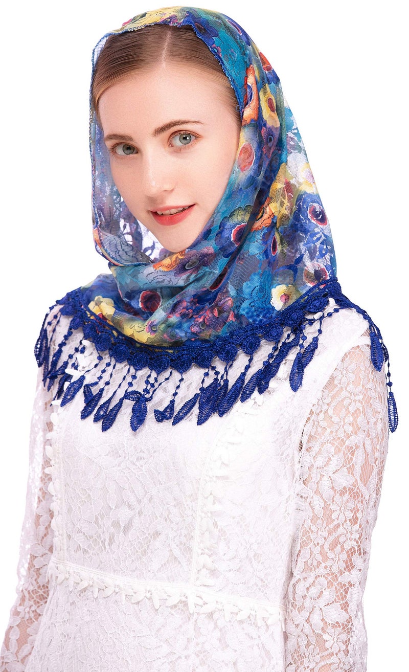 PAMOR Mass Veil Triangle Mantilla Cathedral Head Covering Chapel Veil Lace Shawl Latin Scarf (Blue 2) - Image 4