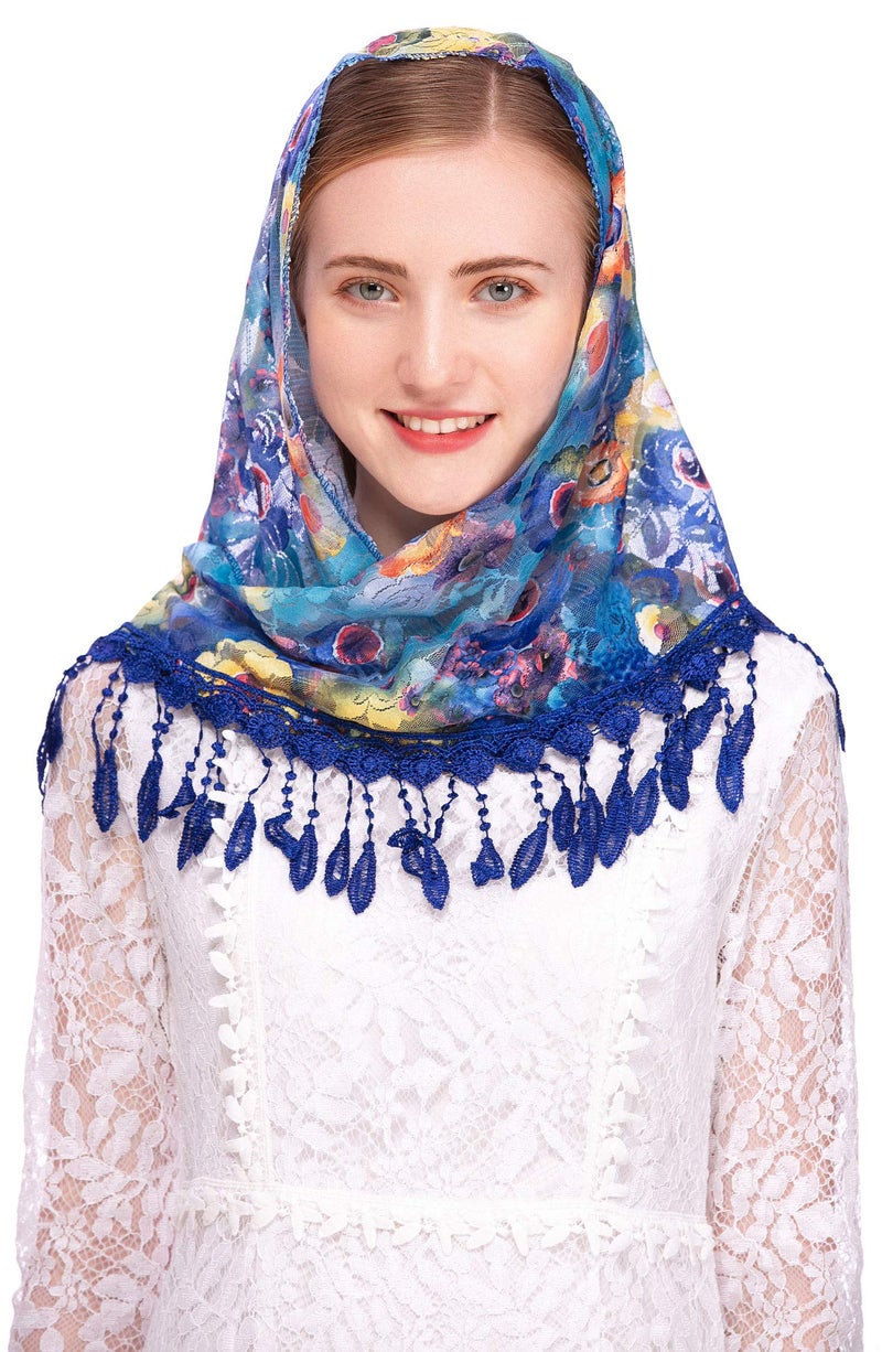 PAMOR Mass Veil Triangle Mantilla Cathedral Head Covering Chapel Veil Lace Shawl Latin Scarf (Blue 2) - Image 2