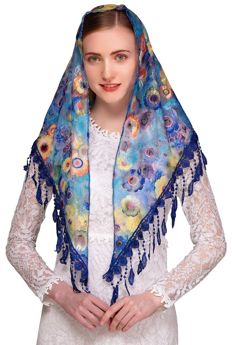 PAMOR Mass Veil Triangle Mantilla Cathedral Head Covering Chapel Veil Lace Shawl Latin Scarf (Blue 2) - Image 1