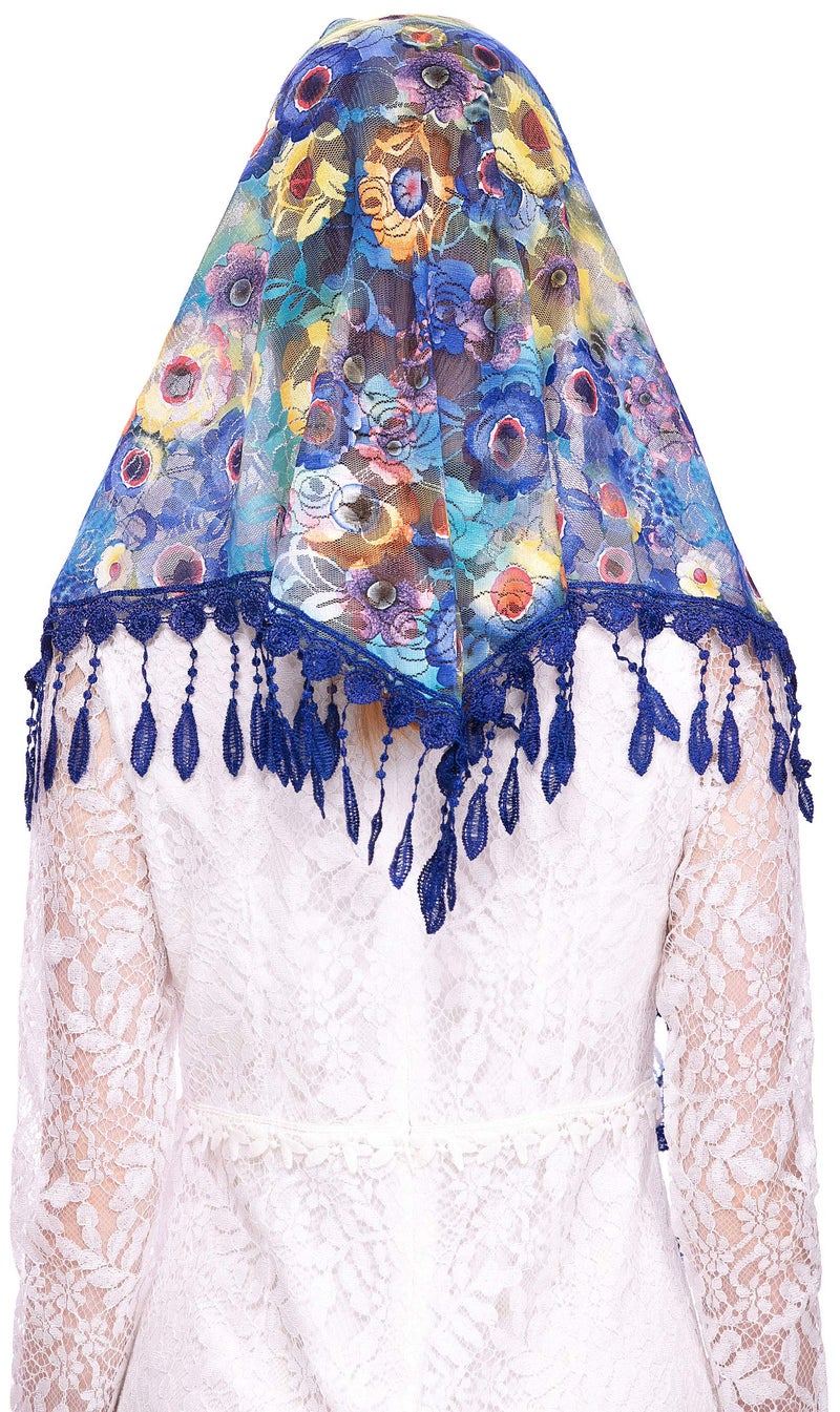 PAMOR Mass Veil Triangle Mantilla Cathedral Head Covering Chapel Veil Lace Shawl Latin Scarf (Blue 2) - Image 3
