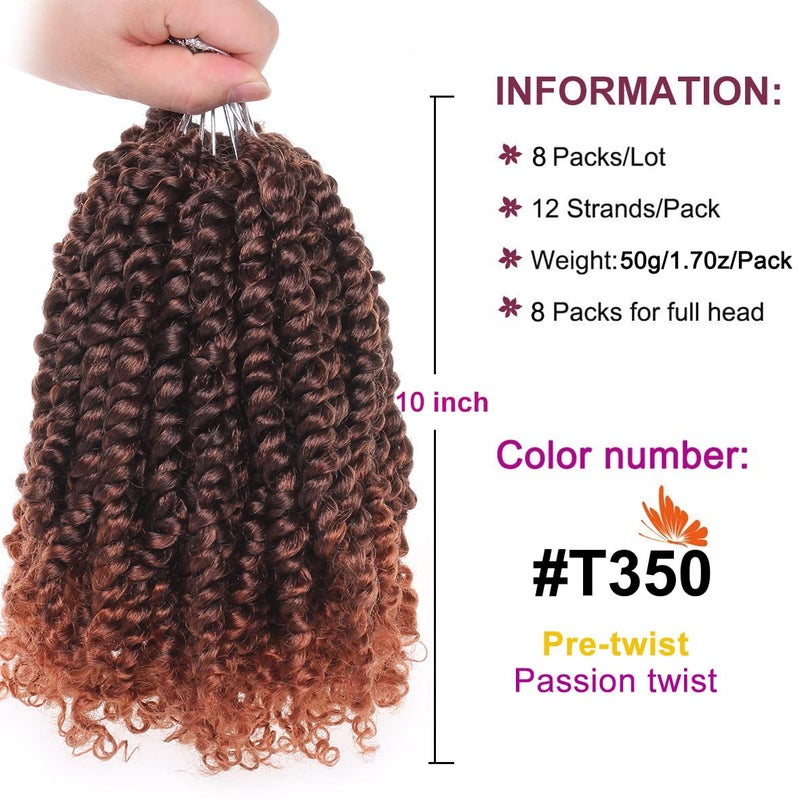 ZRQ Short 8 Packs Pre-twisted Bob Passion Twist Crochet Hair with Curly Ends 10 Inch Pre looped Ombre Copper Red Passion Twists Hair 12 Roots/Pack Synthetic Crochet Braids Hair for Women T350# - Image 2