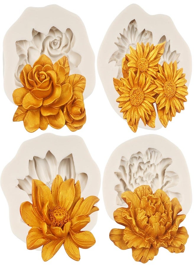 FCKEMLDS Rose Flower Silicone Mold Sunflower Peony Flower Fondant Mold Lotus Flowers Silicone Mold for Cake Decoration Chocolate Candy Polymer Clay Gum Paste Set of 4 - Image 1