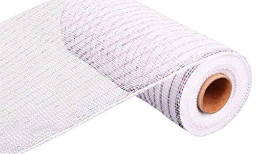 10 inch x 30 feet Deco Poly Mesh Ribbon White with Silver Foil RE130127