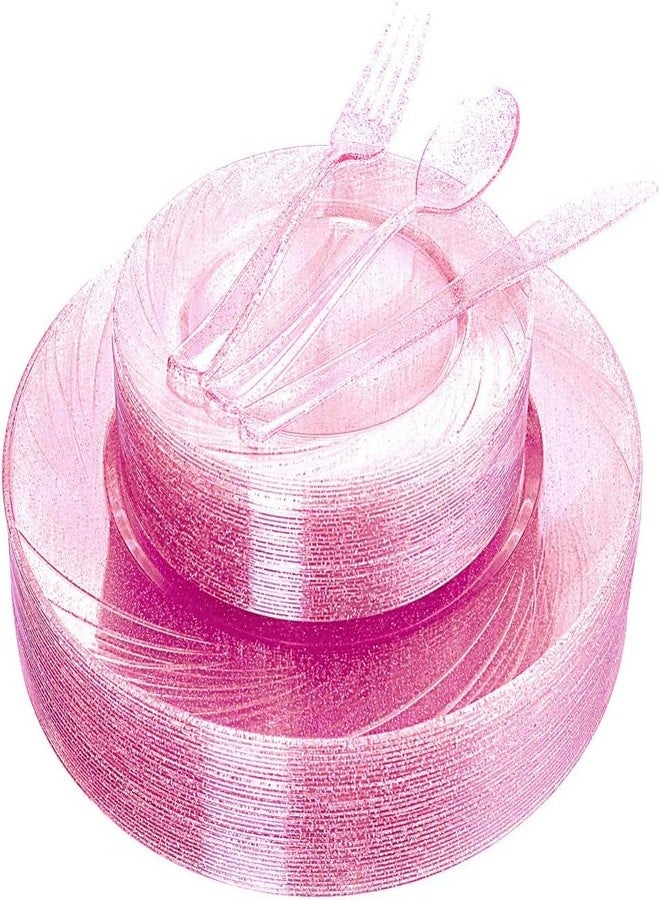 WDF Rose Gold Pink Plastic Plates with Pink Plastic Silverware include 40 Dinner & Salad Plates, 40Forks, 40 Knives, 40 Spoons for Wedding/Party - Image 1