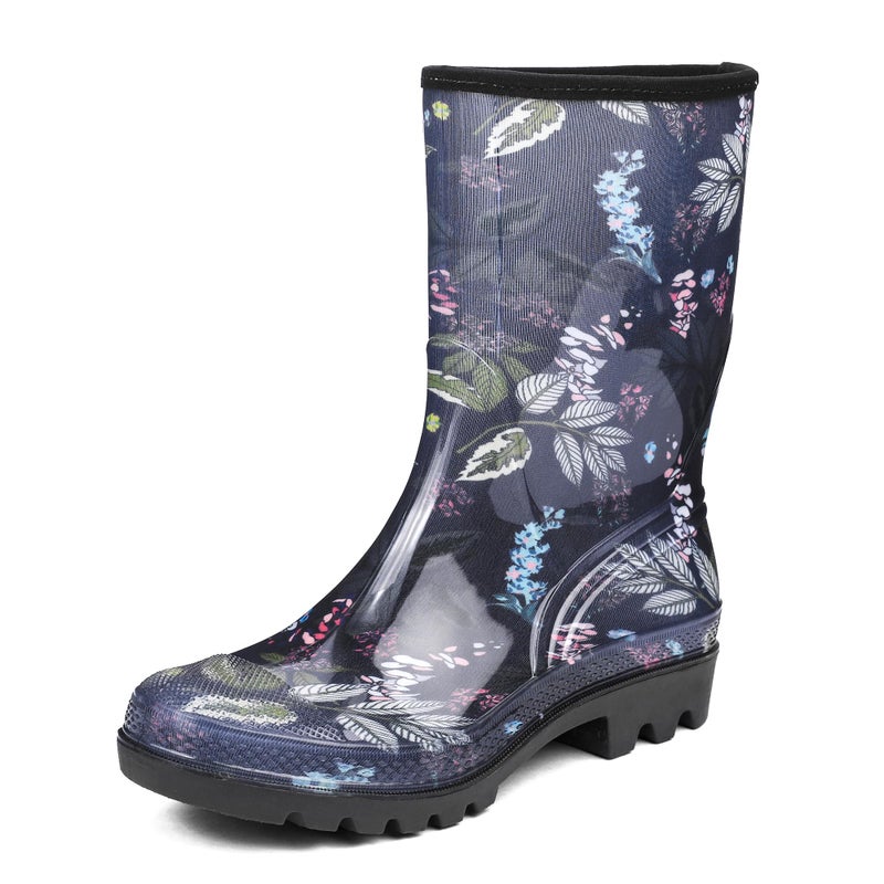 DKSUKO Rain Boots for Women Waterproof Insulated Rubber Garden Boots Wide Calf for Outdoor Gardening Rainy Days & Yard Work (Blue Flower,8) - Image 1