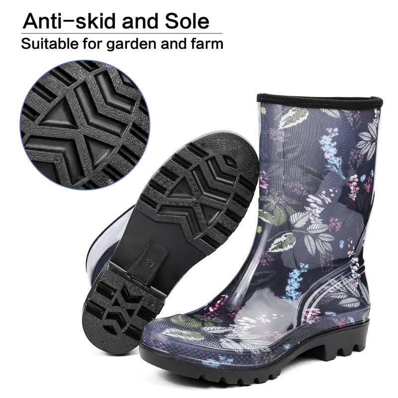DKSUKO Rain Boots for Women Waterproof Insulated Rubber Garden Boots Wide Calf for Outdoor Gardening Rainy Days & Yard Work (Blue Flower,8) - Image 4