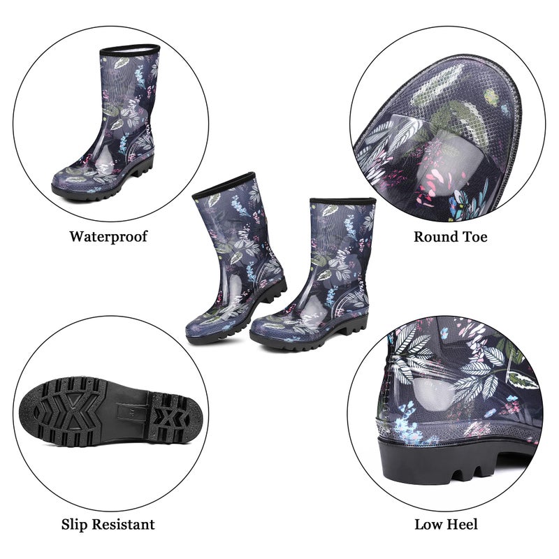 DKSUKO Rain Boots for Women Waterproof Insulated Rubber Garden Boots Wide Calf for Outdoor Gardening Rainy Days & Yard Work (Blue Flower,8) - Image 5