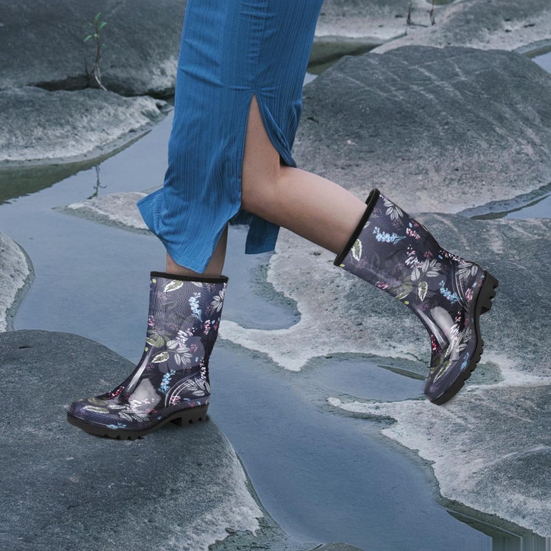 DKSUKO Rain Boots for Women Waterproof Insulated Rubber Garden Boots Wide Calf for Outdoor Gardening Rainy Days & Yard Work (Blue Flower,8) - Image 2