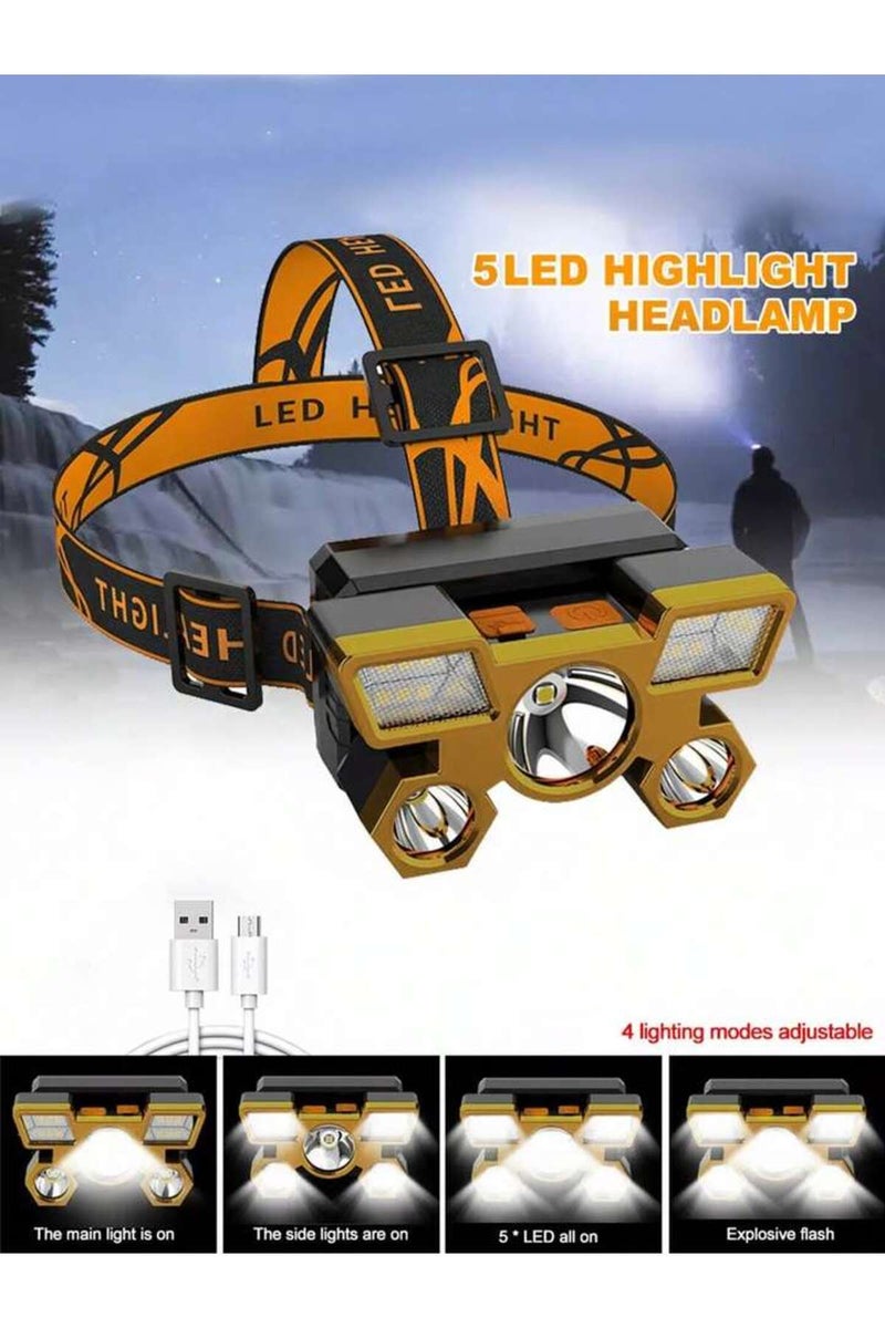 1PC 1pc, Rechargeable LED Headlight, 5 LEDs, USB Rechargeable, Suitable for Outdoor Camping, Explora
