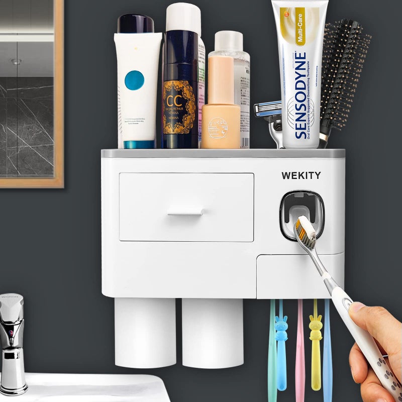 Wekity Multifunctional WallMounted Toothbrush Holder Automatic Toothpaste Dispenser Space Saving Toothbrush and Toothpaste Holder with 2 Cups and Drawers Cosmetic OrganizerGrey