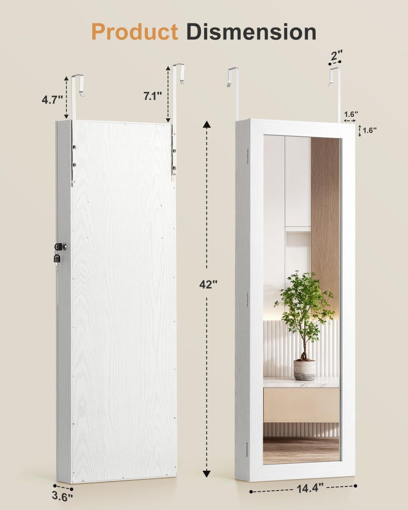 Nicetree 6 LEDs Mirror Jewelry Cabinet, Large Capacity Lockable Jewelry Armoire Organizer, Door or Wall Mounted Mirror with Jewelry Storage, Christmas Gifts, White - Image 5