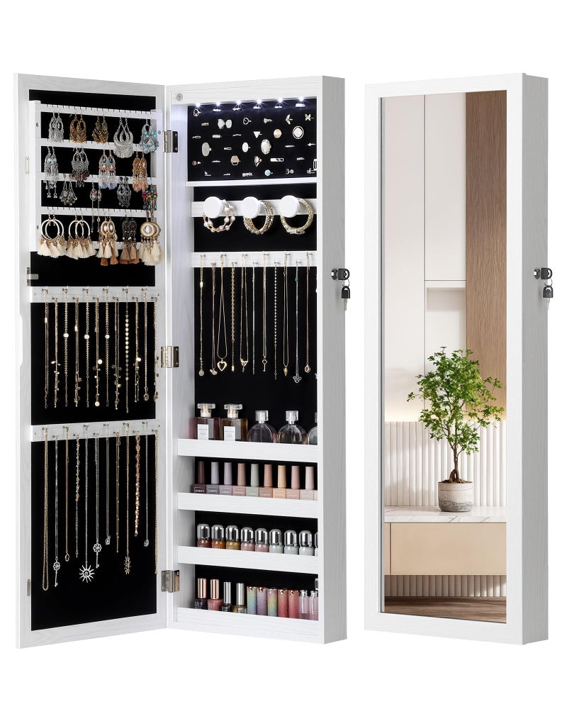 Nicetree 6 LEDs Mirror Jewelry Cabinet, Large Capacity Lockable Jewelry Armoire Organizer, Door or Wall Mounted Mirror with Jewelry Storage, Christmas Gifts, White - Image 1