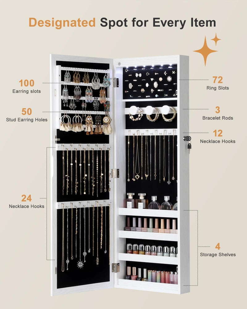Nicetree 6 LEDs Mirror Jewelry Cabinet, Large Capacity Lockable Jewelry Armoire Organizer, Door or Wall Mounted Mirror with Jewelry Storage, Christmas Gifts, White - Image 3