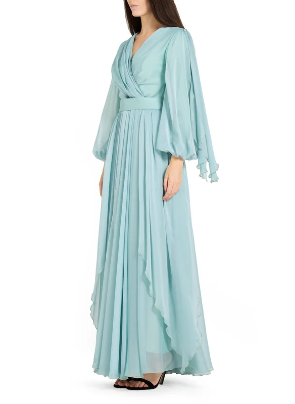 امري V-neck Chiffon Wrapped Dress with Gathered Bishop Sleeves and Secured Waist Belt