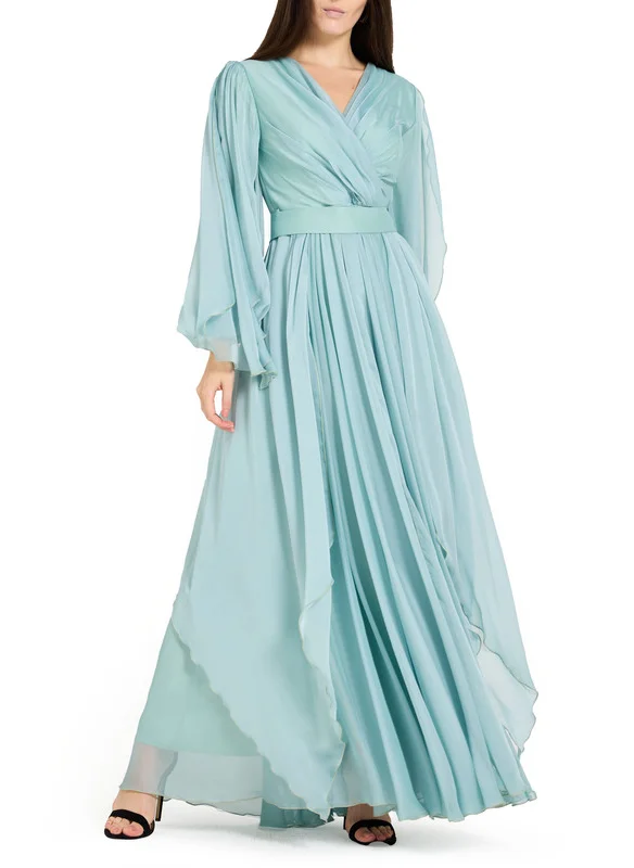 امري V-neck Chiffon Wrapped Dress with Gathered Bishop Sleeves and Secured Waist Belt