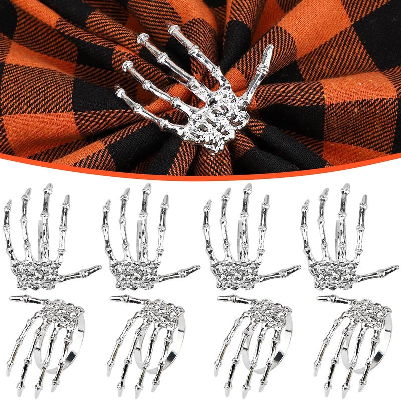 Sophena Halloween Napkin Rings Decoration 8 Pcs, Metal Rings Holders for Home Birthday Party Dinner Table Favors Supplies Halloween Bar Dinning Costume Decor (Silver Skeleton Claw) - Image 1