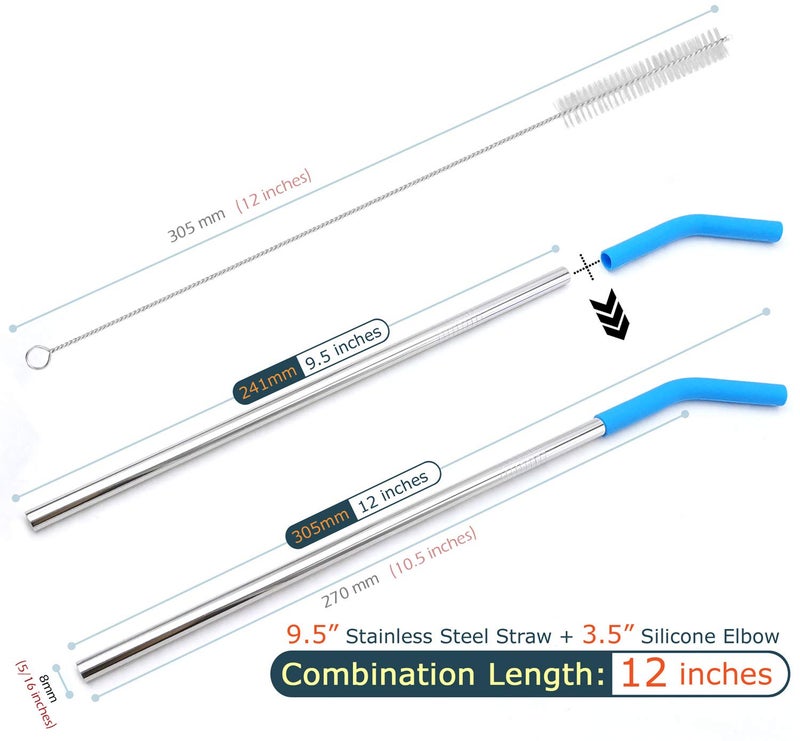 GFDesign Big Drinking Straws Reusable 12" Extra Long 8mm Extra Wide Food-Grade 18/8 Stainless Steel Silicone Elbows Tips for Smoothie Milkshake Cocktail Juice Hot Drinks - Set of 4 + 2 Cleaning Brushes - Image 2