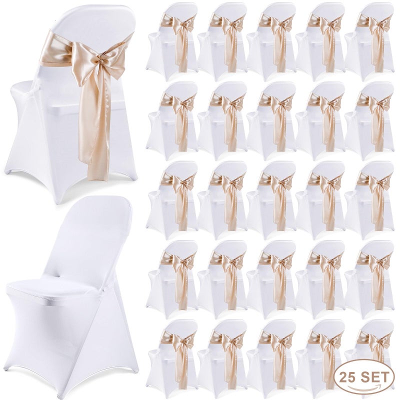 Lounsweer 50 Pcs Folding Chair Cover Set with 25 Stretch Spandex Slipcovers 25 Satin Chair Sashes Bows Ribbon Washable Banquet Protector for Wedding Event PartyWhite Light Champagne