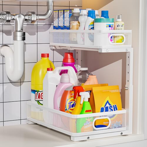 Dolesman Under Sink Organizer, High Adjustable 2 Tier Under Sink Organizers and Storage, Slide out Metal Cabinet Organizers, Pull out Storage Drawer Shelf for Kitchen Bathroom Cabinet (1, White) - Image 1