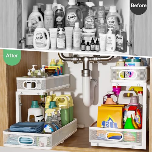 Dolesman Under Sink Organizer, High Adjustable 2 Tier Under Sink Organizers and Storage, Slide out Metal Cabinet Organizers, Pull out Storage Drawer Shelf for Kitchen Bathroom Cabinet (1, White) - Image 3